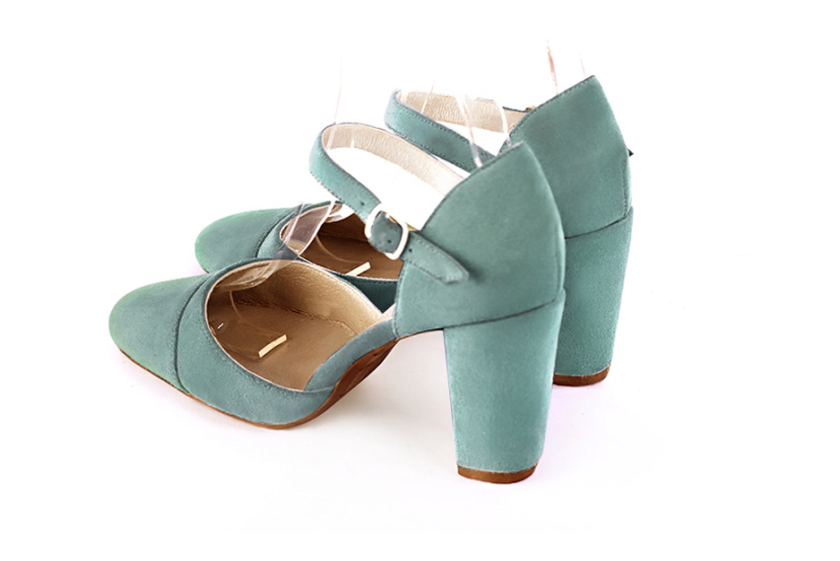 Women's mint green elegant closed-back heels, with an instep strap. Round toe. High block heels - Rear view